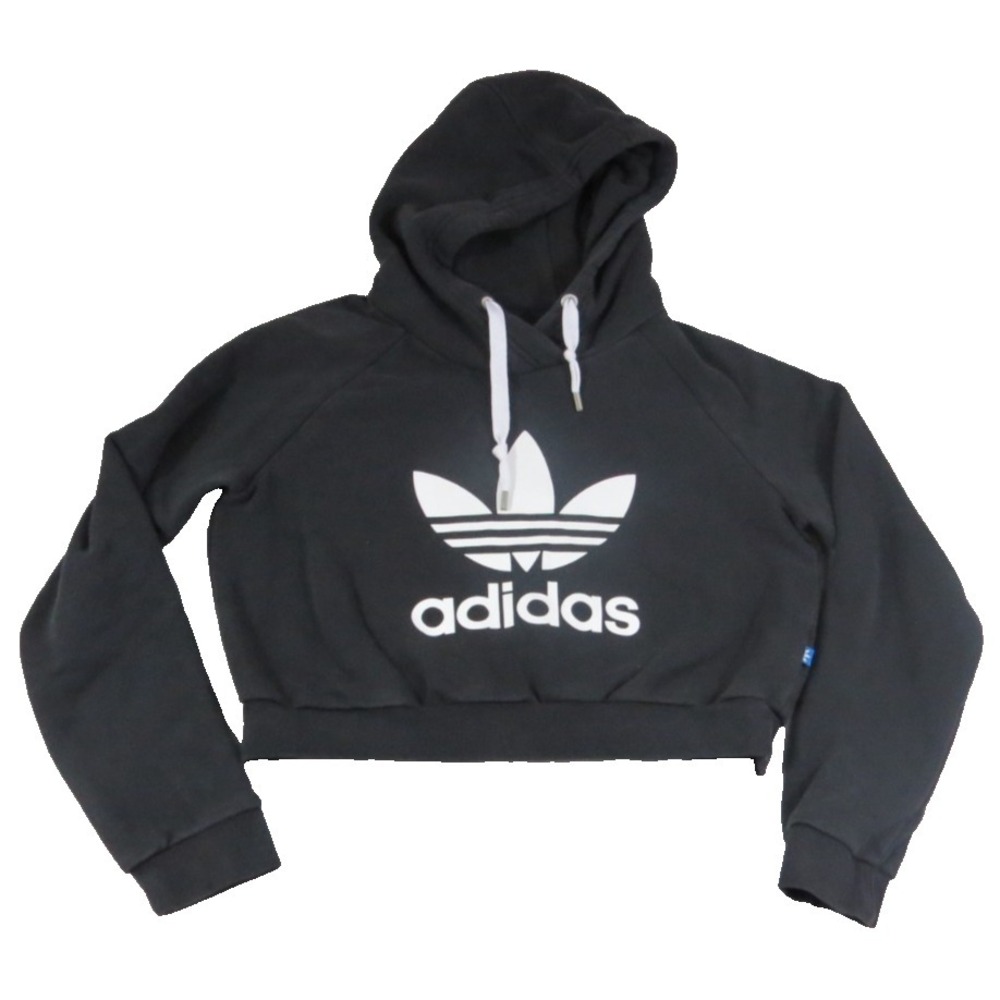 adidas Originals Trefoil Cropped Hoodie Women's M Black Cotton Raglan Pullover